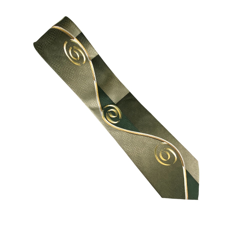 Borrelli Mens‎ Tie Olive Green Silk Abstract Gold Swirl Art Deco Artsy 58.5x4